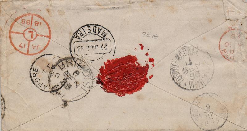 1379 v.jpg -     Lote:    1379 (verso)                   Descrição:         Madeira * Incoming mail &mdash; Sobrescrito de 25c com selo adicional de 10c, circulado de Medan * Índia Holandesa (03.12.1887) para o Funchal. Circulado via Singapura (08.12.87), Brindisi (06.01.88), Torino (06.01.88) e Londres (17.01.88).        IC       Valor Base:     &euro; 50,00     Valor Venda:     &euro;      